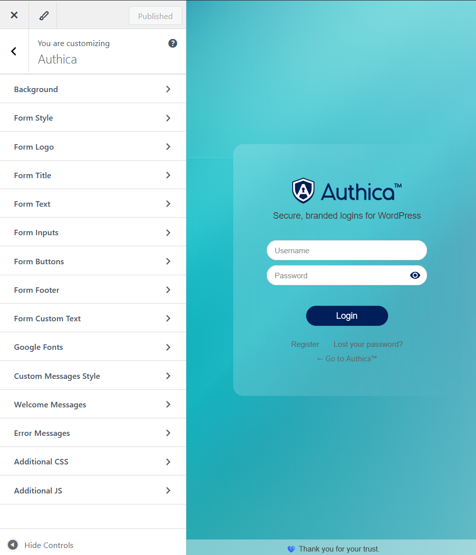 Authica Appearance settings in the Customizer