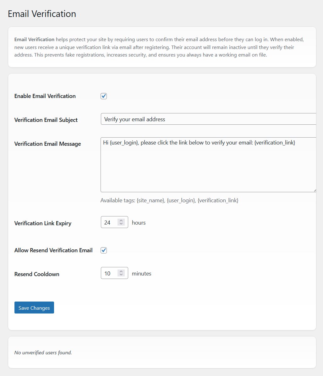 Authica Email Verification settings