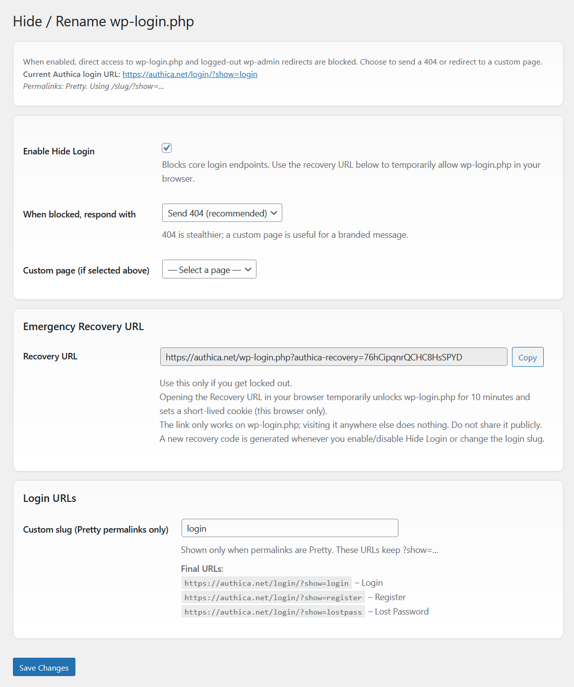 Authica Hide / Rename wp-login.php settings